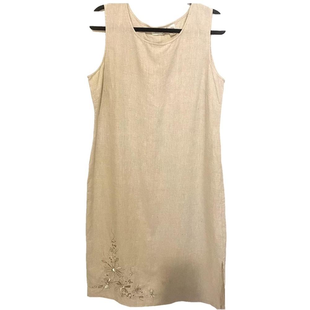 Studio Works 100% Linen Sleevless Tan Cream  Embroidered Dress PL Cottagecore